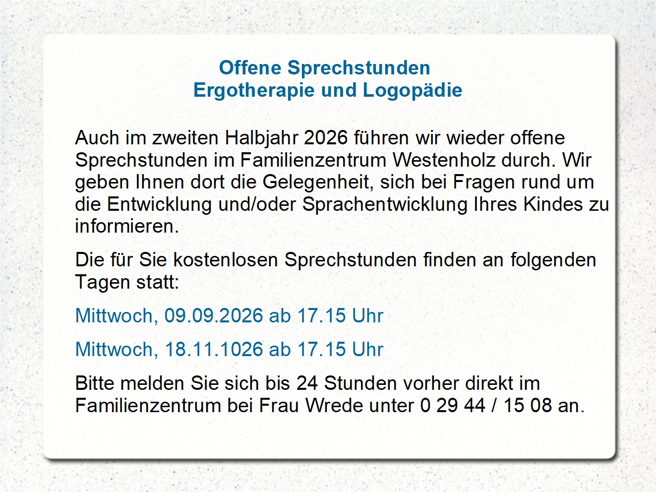 Offene Sprechstunden im Familienzentrum Westenholz